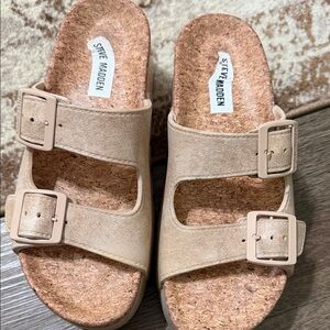 Steve Madden Nude Double-Buckle Cork Slide Sandals